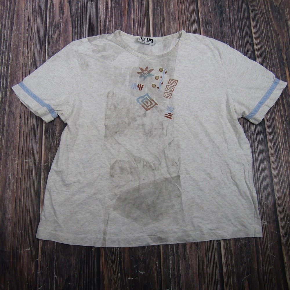 City Girl Womens Plus Gray Abstract Graphic T Shirt Short Sleeve Granny Core